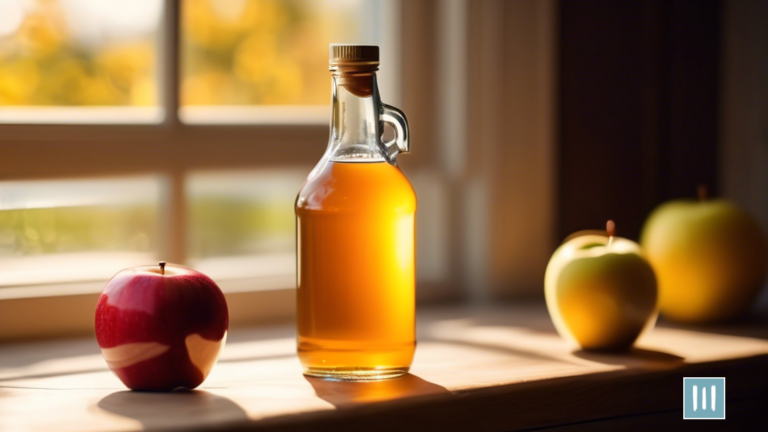A clear glass bottle of golden apple cider vinegar next to a measuring spoon, bathed in natural light from a window.