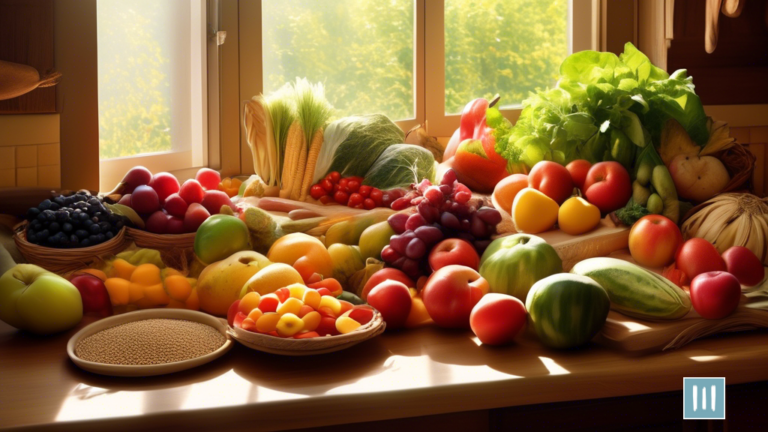 Experience the health benefits of a whole foods diet with a sunlit kitchen filled with a vibrant array of freshly harvested fruits, colorful vegetables, and wholesome grains. Embrace vitality and nourishment as radiant natural light illuminates the luscious, unprocessed foods.