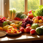 Experience the health benefits of a whole foods diet with a sunlit kitchen filled with a vibrant array of freshly harvested fruits, colorful vegetables, and wholesome grains. Embrace vitality and nourishment as radiant natural light illuminates the luscious, unprocessed foods.