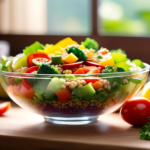 Vibrant and colorful salad with fresh vegetables, grains, and protein, bathed in bright natural light, perfect for budget-friendly meal planning