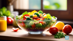 Vibrant and colorful salad with fresh vegetables, grains, and protein, bathed in bright natural light, perfect for budget-friendly meal planning