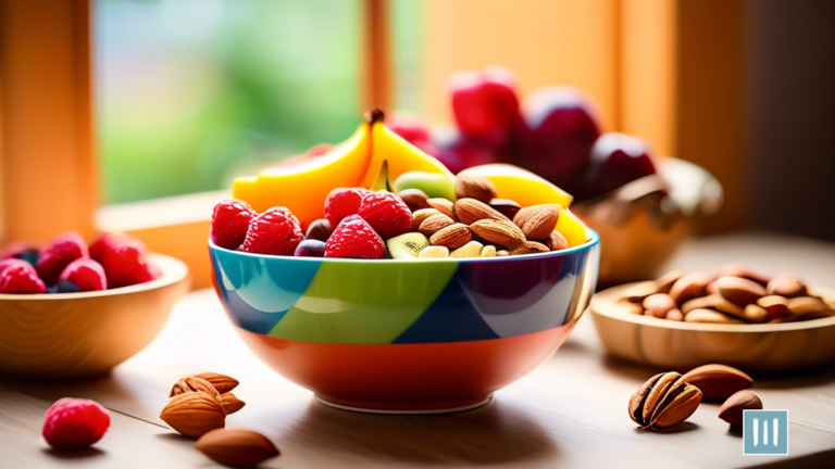 Colorful bowl of budget-friendly snacks including fresh fruits and nuts, illuminated by natural light through a window