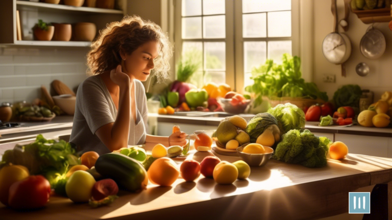 Alt Text: Woman counting calories for weight loss at a sunlit kitchen table surrounded by fresh fruits and vegetables, measuring ingredients on a digital scale.