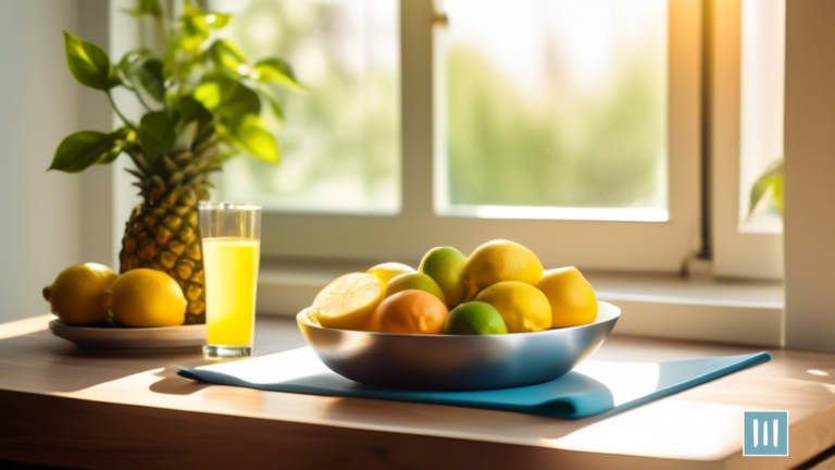 Serene morning scene by a sunlit window with a fresh fruit bowl, yoga mat nearby, and glass of water with lemon slices, representing holistic weight loss through daily habits.