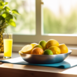 Serene morning scene by a sunlit window with a fresh fruit bowl, yoga mat nearby, and glass of water with lemon slices, representing holistic weight loss through daily habits.