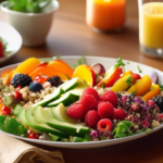 Delicious and Dairy-Free Meal: A colorful plate filled with a nutritious quinoa salad, grilled vegetables, and a delightful fruit parfait, perfect for a balanced and dairy-free meal.