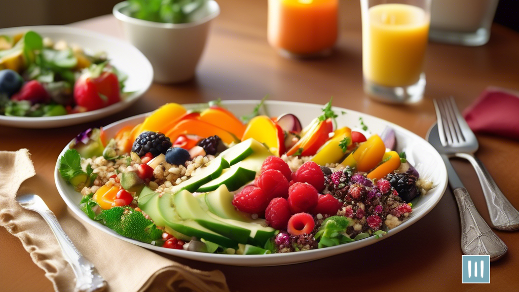 Delicious and Dairy-Free Meal: A colorful plate filled with a nutritious quinoa salad, grilled vegetables, and a delightful fruit parfait, perfect for a balanced and dairy-free meal.