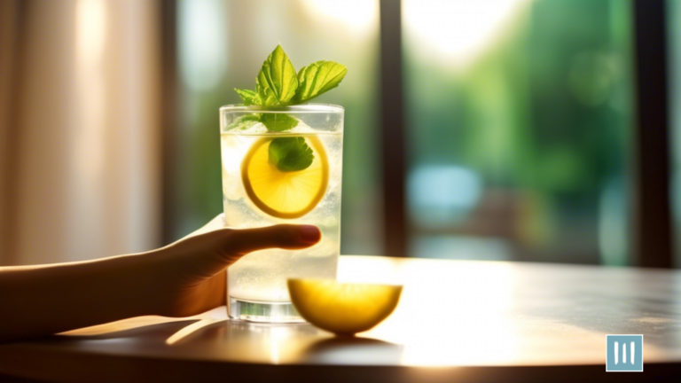A woman holding a glass of fresh lemon water with cucumber slices and mint leaves, sitting in front of a large window with sunlight streaming in - the perfect detox cleanse choice.
