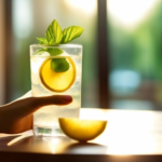 A woman holding a glass of fresh lemon water with cucumber slices and mint leaves, sitting in front of a large window with sunlight streaming in - the perfect detox cleanse choice.