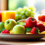 A vibrant plate of colorful fruits and vegetables on a wooden table, bathed in bright natural light, showcasing the benefits of a detox diet.