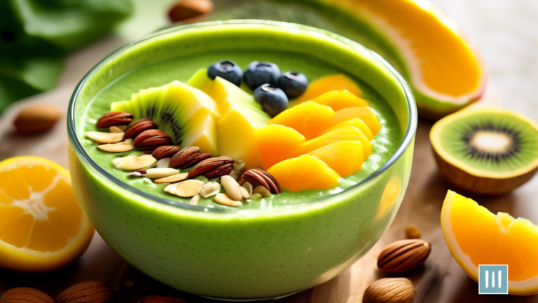 Alt text: A close-up of a vibrant green smoothie bowl, topped with sliced tropical fruits, nuts, and seeds, bathed in bright natural sunlight. This detoxifying and energy-boosting meal is perfect for weight loss.