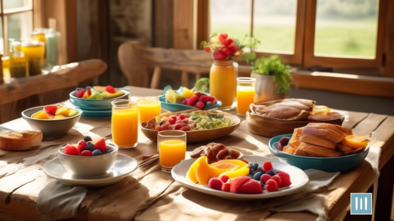 Delicious and Nutritious Easy Paleo Breakfast Recipes: A vibrant photo of a rustic wooden table filled with a colorful assortment of freshly prepared Paleo breakfast dishes, illuminated by soft morning sunlight.