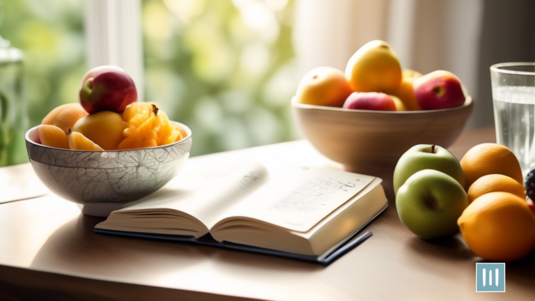 Close-up of a sunlit kitchen table with fresh fruits, water, and a journal, promoting emotional eating awareness for holistic weight loss.
