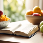 Close-up of a sunlit kitchen table with fresh fruits, water, and a journal, promoting emotional eating awareness for holistic weight loss.