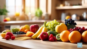 Colorful fruits, vegetables, and whole grains arranged on a brightly lit kitchen table for balanced meal planning and family-friendly recipes