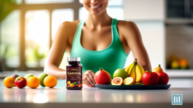 A woman in workout attire holding a bottle of Garcinia Cambogia capsules, surrounded by fresh fruits and a glass of water on a sunny kitchen counter, showcasing the benefits of Garcinia Cambogia for weight loss.
