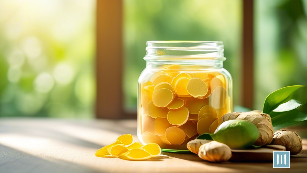 Glass jar filled with ginger supplements surrounded by fresh ginger root slices and green tea leaves, bathed in natural sunlight