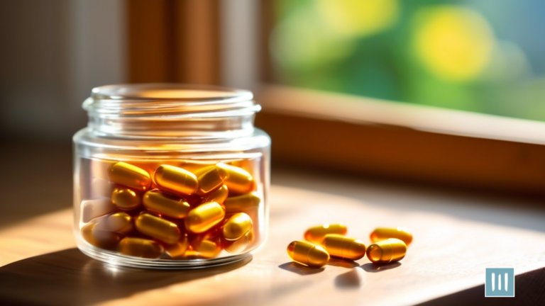 Alt text: Close-up photo of a glass jar filled with ginseng extract capsules on a wooden table near a sunny window, illuminated by bright natural light, symbolizing the potential of ginseng extract for weight loss.