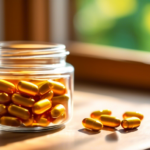 Alt text: Close-up photo of a glass jar filled with ginseng extract capsules on a wooden table near a sunny window, illuminated by bright natural light, symbolizing the potential of ginseng extract for weight loss.