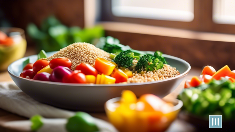Vibrant plate of colorful vegetables, lean protein, and quinoa bathed in natural sunlight, showcasing balanced meal planning with gluten-free recipes
