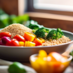 Vibrant plate of colorful vegetables, lean protein, and quinoa bathed in natural sunlight, showcasing balanced meal planning with gluten-free recipes