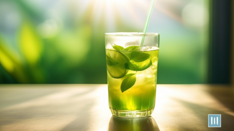 A close-up shot of a glass of iced green tea with sunlight streaming through a window, highlighting the vibrant green color and refreshing condensation, showcasing the power of green tea extract for weight loss.