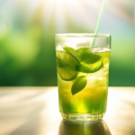 A close-up shot of a glass of iced green tea with sunlight streaming through a window, highlighting the vibrant green color and refreshing condensation, showcasing the power of green tea extract for weight loss.