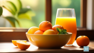 Vibrant fruit bowl and fresh orange juice on a wooden breakfast table, bathed in soft morning sunlight - ideal healthy breakfast ideas for balanced meal planning