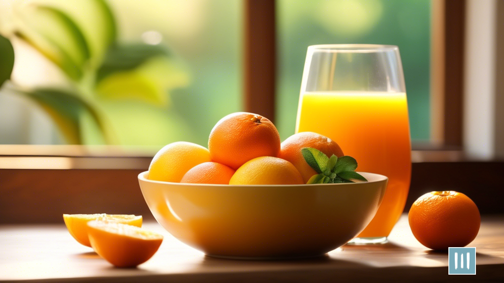 Vibrant fruit bowl and fresh orange juice on a wooden breakfast table, bathed in soft morning sunlight - ideal healthy breakfast ideas for balanced meal planning