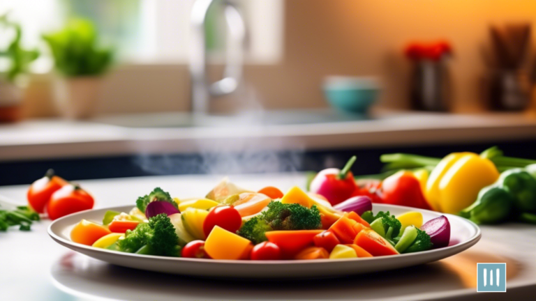 Vibrant plate of colorful vegetables and lean proteins being cooked in a sunlit kitchen, perfect for healthy cooking and weight loss