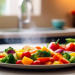 Vibrant plate of colorful vegetables and lean proteins being cooked in a sunlit kitchen, perfect for healthy cooking and weight loss