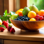 A vibrant fruit bowl on a wooden table with a glass of water and fresh greenery in the background, symbolizing healthy eating for stress management.