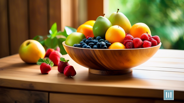 A vibrant fruit bowl on a wooden table with a glass of water and fresh greenery in the background, symbolizing healthy eating for stress management.