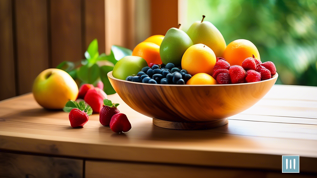 A vibrant fruit bowl on a wooden table with a glass of water and fresh greenery in the background, symbolizing healthy eating for stress management.