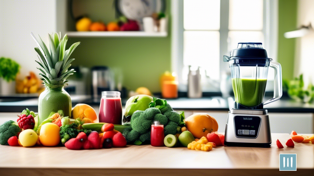 Promoting weight loss success through healthy habits: An image of a sunlit kitchen counter displaying a variety of colorful fruits and vegetables, a blender filled with a nutritious green smoothie, a weight scale, and a water bottle, representing the essence of a healthy lifestyle.