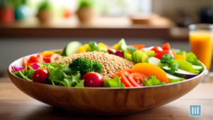 Bright and colorful salad bowl with vibrant vegetables, lean protein, and whole grains, on a wooden table in natural light. Perfect healthy lunch idea for balanced meal planning.