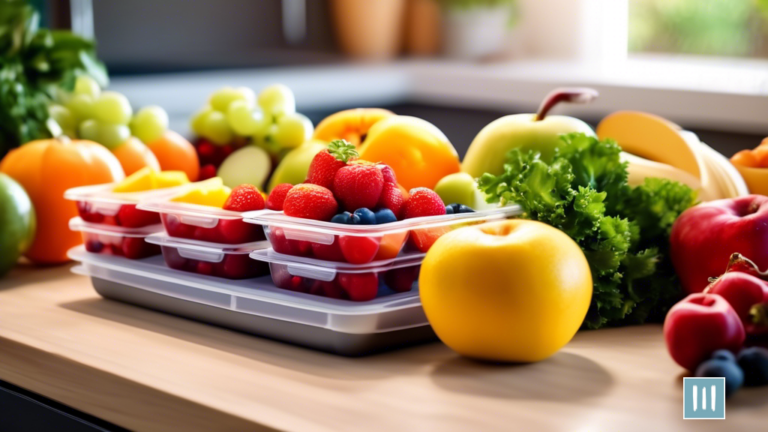 A vibrant kitchen counter filled with colorful fruits, vegetables, and meal prep containers bathed in streaming sunlight, showcasing the beauty and simplicity of healthy meal prep.