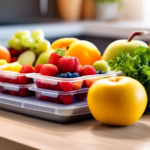 A vibrant kitchen counter filled with colorful fruits, vegetables, and meal prep containers bathed in streaming sunlight, showcasing the beauty and simplicity of healthy meal prep.