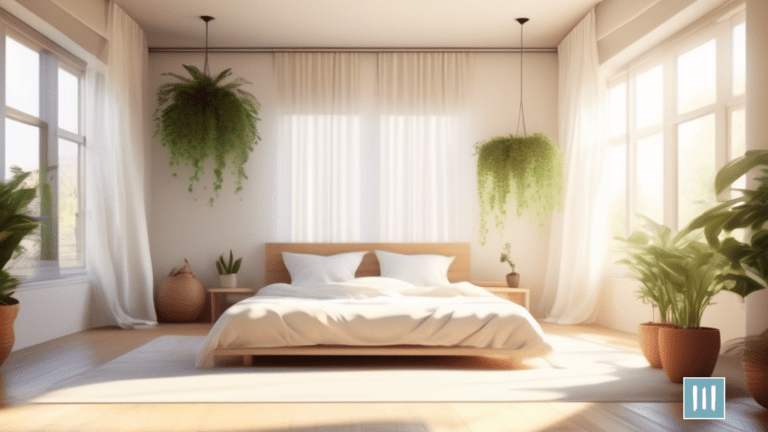 Serene morning scene with bright natural light in a sunlit bedroom. White curtains gently billow, casting soft rays on a neatly made bed. A yoga mat lies nearby, surrounded by potted plants, fostering a healthy mindset for holistic weight loss.