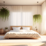 Serene morning scene with bright natural light in a sunlit bedroom. White curtains gently billow, casting soft rays on a neatly made bed. A yoga mat lies nearby, surrounded by potted plants, fostering a healthy mindset for holistic weight loss.