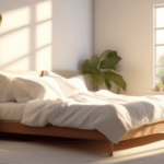 Alt text: Serene bedroom flooded with soft morning sunlight, showcasing a neatly made bed with crisp white sheets, fresh fruits on a nightstand, and lush green plants in the background. A perfect setting for healthy sleep habits in holistic weight loss.