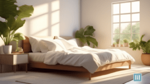 Alt text: Serene bedroom flooded with soft morning sunlight, showcasing a neatly made bed with crisp white sheets, fresh fruits on a nightstand, and lush green plants in the background. A perfect setting for healthy sleep habits in holistic weight loss.