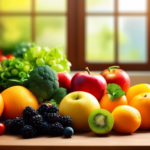 Vibrant assortment of fresh fruits and vegetables on a rustic wooden cutting board, illuminated by natural light. Ideal smart snacking options for weight loss.