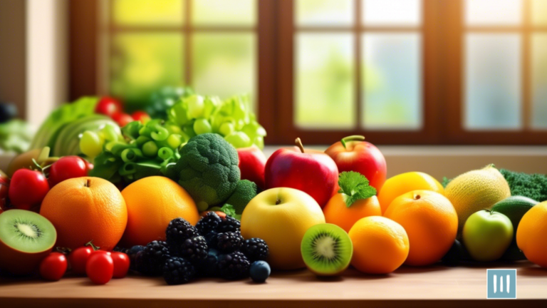 Vibrant assortment of fresh fruits and vegetables on a rustic wooden cutting board, illuminated by natural light. Ideal smart snacking options for weight loss.