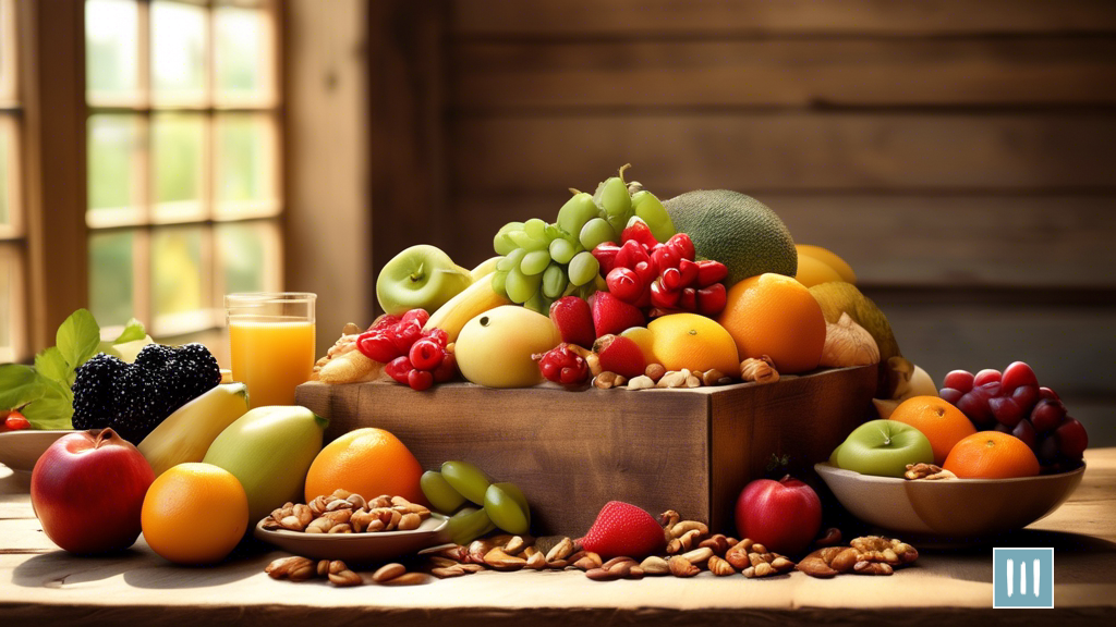 Delicious and Nutritious Healthy Snacks for Weight Loss - A colorful assortment of fresh fruits, crunchy vegetables, and wholesome nuts beautifully arranged on a rustic wooden table, bathed in warm, golden natural light.