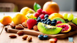 Colorful assortment of fresh fruits, nuts, and seeds on a wooden cutting board in bright natural light, perfect for Healthy Vegan Snack Ideas