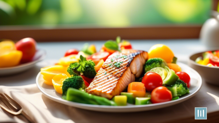 Vibrant plate of high protein foods including grilled chicken, salmon, and tofu, surrounded by colorful fruits and vegetables, illuminated by natural sunlight through a window