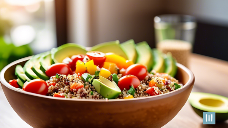 Colorful quinoa salad bowl with grilled chicken, cherry tomatoes, avocado slices, and sesame seeds, bathed in natural light