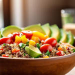 Colorful quinoa salad bowl with grilled chicken, cherry tomatoes, avocado slices, and sesame seeds, bathed in natural light