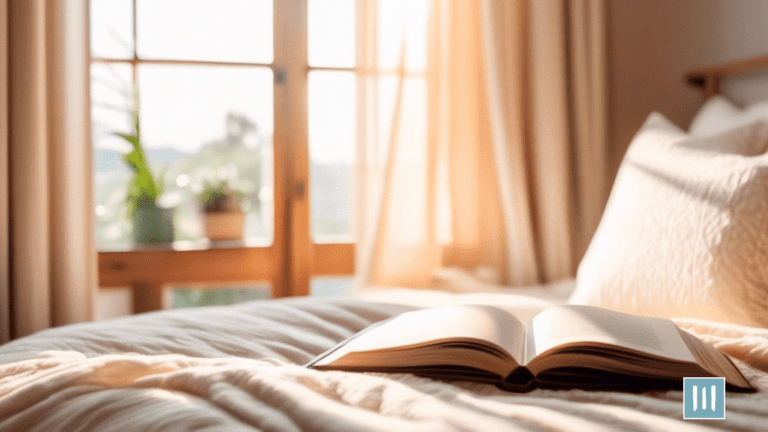 Serene bedroom with soft, natural light streaming in through sheer curtains, highlighting a cozy bed with organic bedding, a diffuser emitting calming scents, and a journal for reflection - ideal for practicing holistic sleep practices